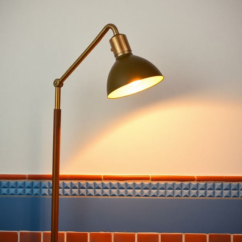 Detalle de lámpara de pie proyectando luz cálida 2700K sobre pared con base azul