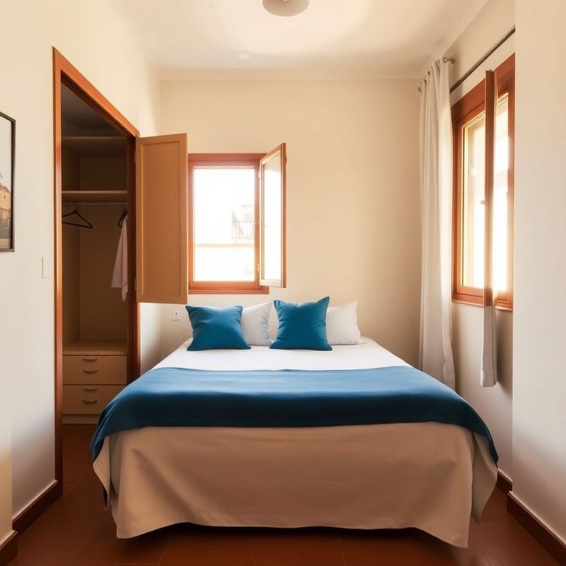 Dormitorio barcelonés compacto con cama doble bien colocada y cojines azules