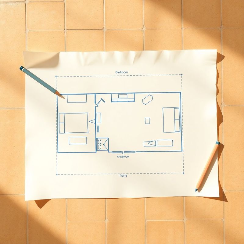 Plano dibujado a mano de dormitorio con anotaciones en lápiz azul de distancias de circulación