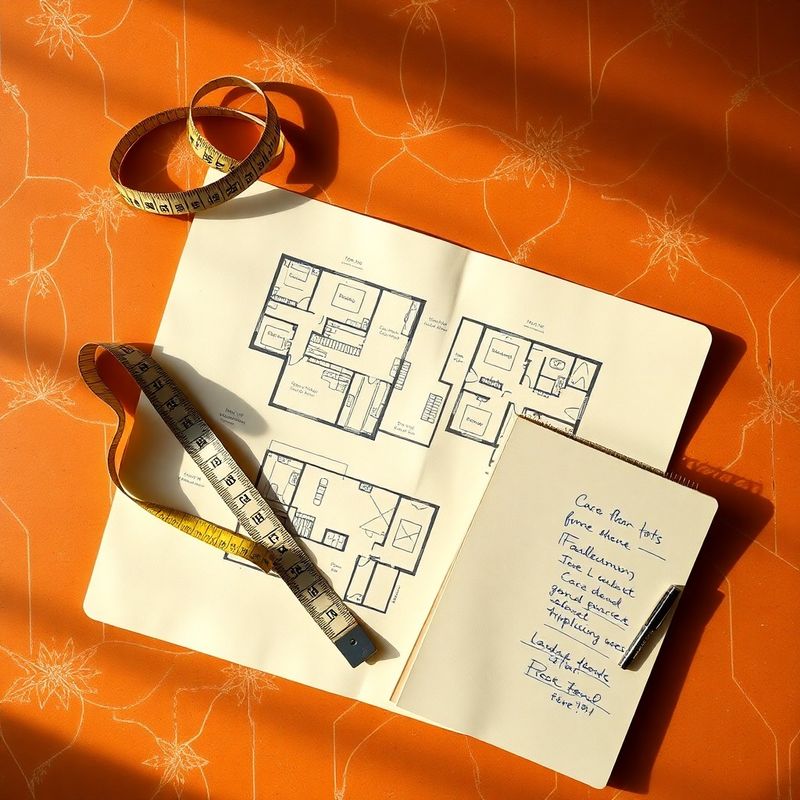 Planos arquitectónicos y cuaderno con anotaciones azules sobre papel crema