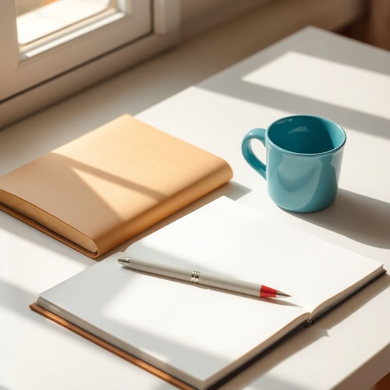 Escritorio blanco con cuaderno abierto y taza de cerámica azul