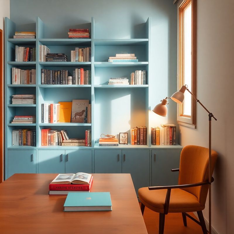 Espacio editorial con estanterías azules y libros de arquitectura en Barcelona