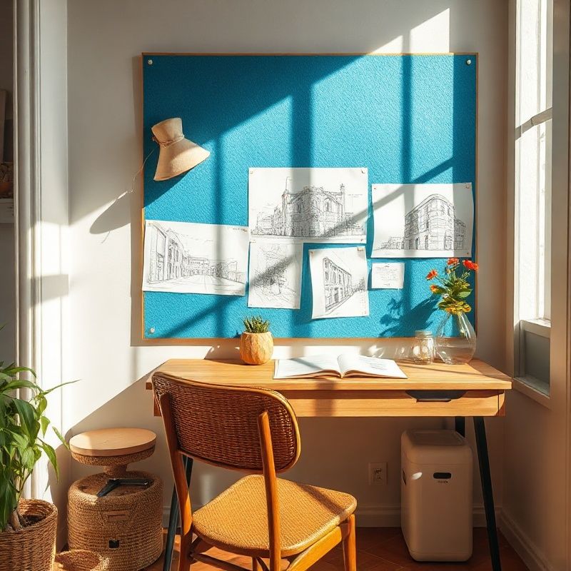Escritorio editorial con bocetos arquitectónicos sobre un panel azul