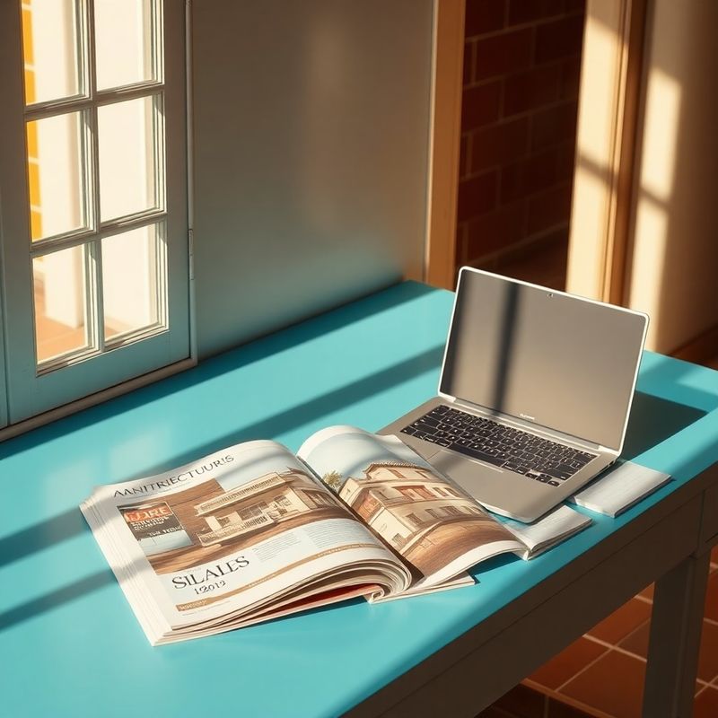 Revistas de arquitectura y ordenador portátil sobre un escritorio con acentos azules